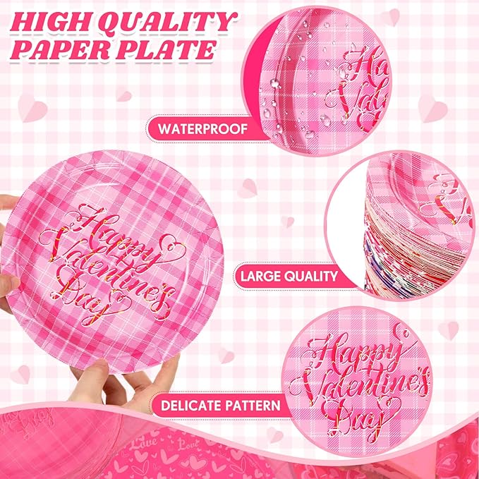Umigy 120 Pcs Happy Valentine's Day Party Plates 7 Inch Valentine's Day Paper Plates, Heart Printed Disposable Decorative Tableware for Mother's Day, Wedding Birthday Party