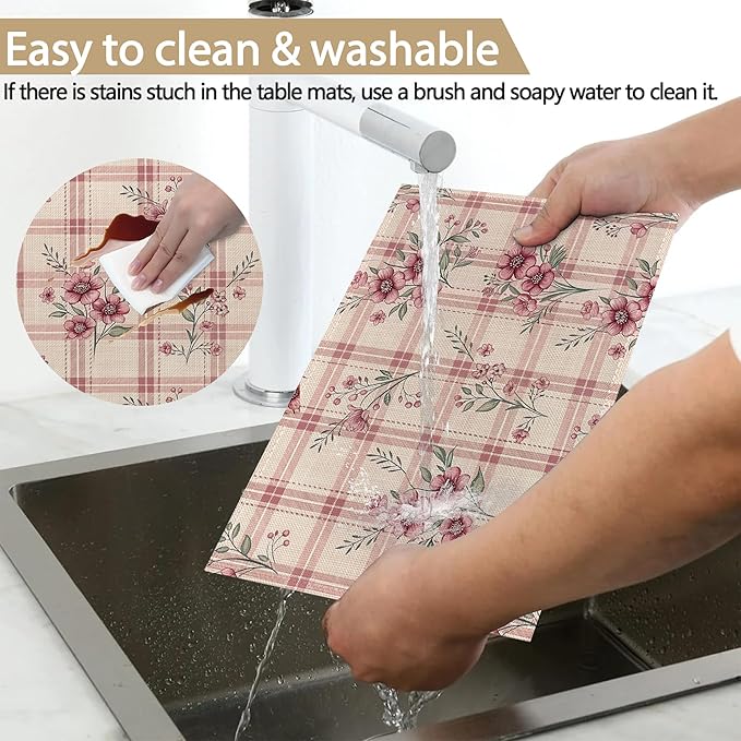 Colorful Floral Spring Plastic Placemats Set of 6 Cute Flowers Pink Place Mats Washable Kitchen Dining Linen Table Mats Stain Heat, for Home Party Indoor 12x18 in