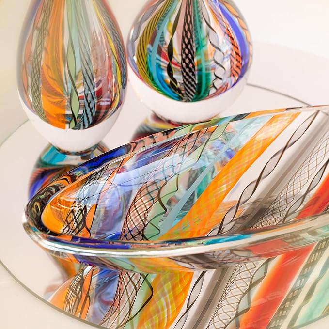 Ca D Oro Murano Style Small Decorative Bowl and Centerpiece Boho with Colored Canes Hand Blown Art Glass Crystal for Home and Room Decoration - 50 MS