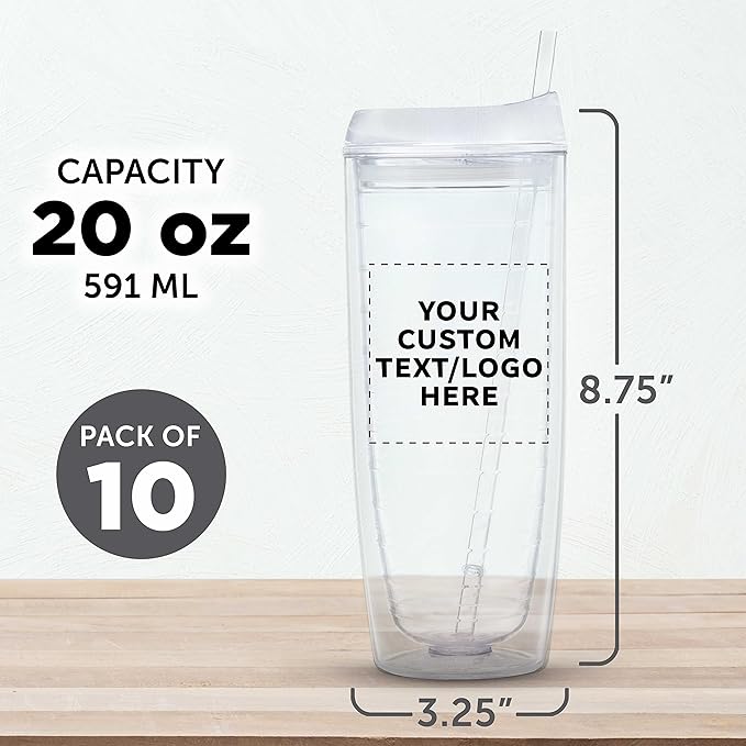 Custom Tall Orbit Acrylic Tumblers 20 oz. Set of 10, Personalized Bulk Pack - Perfect for Iced Coffee, Soda, Other Hot & Cold Beverages - Clear