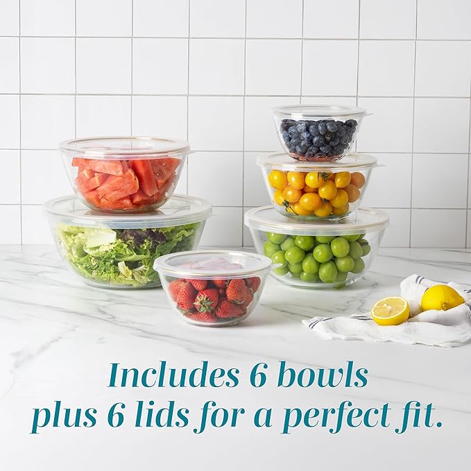 COOK WITH COLOR 12 Pc Glass Mixing Bowl Set with Lids – Borosilicate Glass Nesting Bowls for Cooking, Baking and Meal Prep, Gold Rim