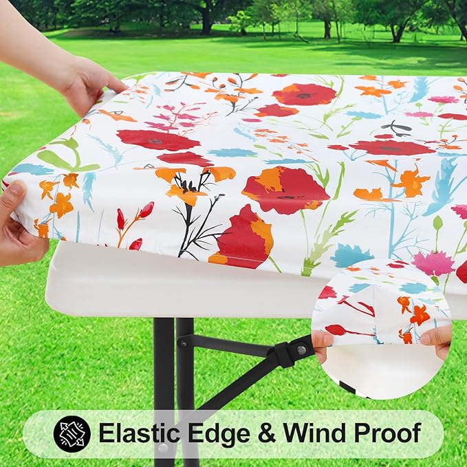 Smiry Rectangle Table Cloth Cover, Waterproof Elastic Fitted Picnic Tablecloth for 4 Foot Tables, Wipeable Flannel Backed Vinyl Tablecloths for Camping, Dining, Outdoor (Off White, 24" x 48")