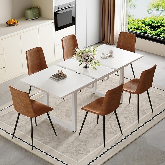 Extendable Dining Table Set for 4, 55"–71" Modern White Kitchen Table with 4 Upholstered Chairs, Space-Saving for Living Room Apartment, Sturdy & Comfortable, Easy Assembly