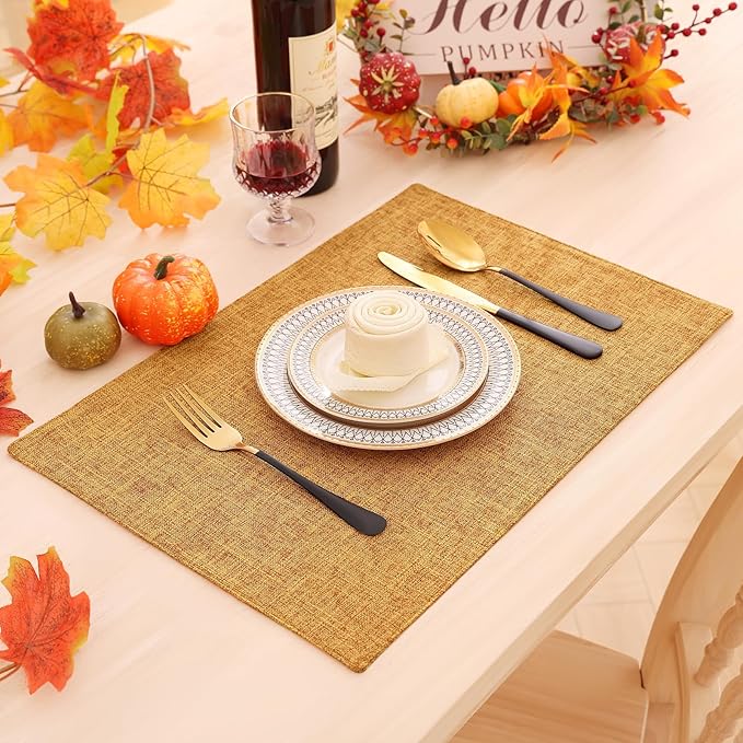 Homaxy Cloths Placemats for Dining Table Set of 8, Heat Resistant Washable Cotton Linen Blend Table Mats, Easy to Clean Place Mats for Indoor Outdoor Party Kitchen Decoration, 13" x 19", Amber