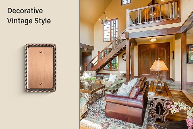 Henne Bery Rope Edge Decorative Wall Plate Switch Plate Outlet Cover (Single Blank, 2 Pack, Antique Copper)