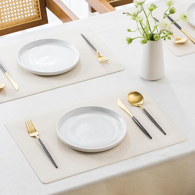 Jovono Faux Leather Placemats Set of 6, Waterproof Washable Table Mats, Easy-Clean Heat Resistant Kitchen Vinyl Place Mat for Dining Table, Restaurant, Indoor, 17.8"x11.8", Ivory