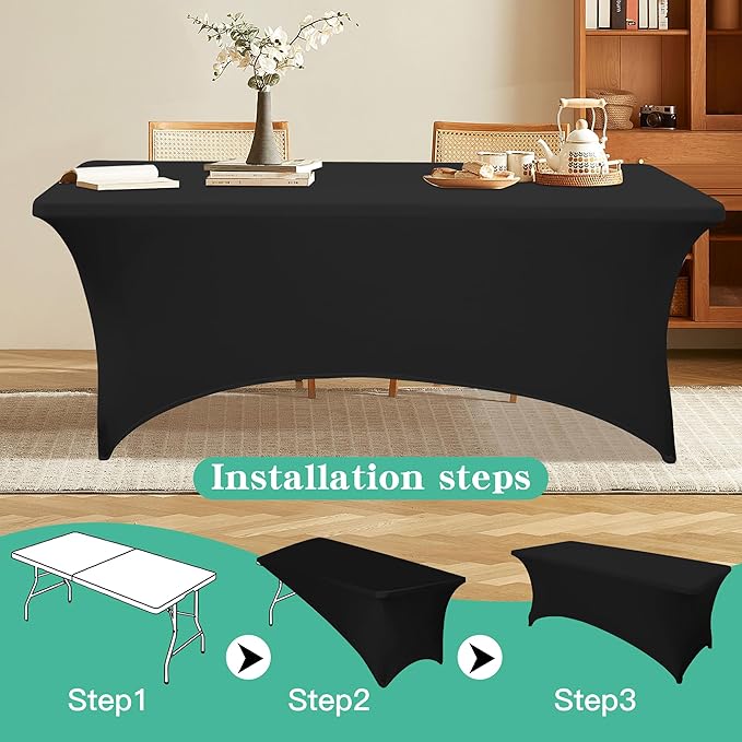 2Pack 4FT Table Cloth for Rectangular Fitted Events Stretch Black Table Covers Washable Spandex Tablecloth Protector for Party, Wedding, Cocktail, Banquet, Festival