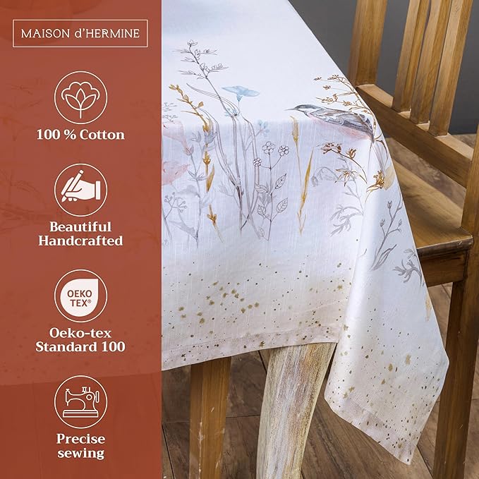 Maison d' Hermine Table Cloth Square Table 100% Cotton 60 x 60 Inches Tablecloth Reusable Decorative for Dining Room Farmhouse Home Valentines Day Decorations Spring Summer - Meadow Florals - Beige