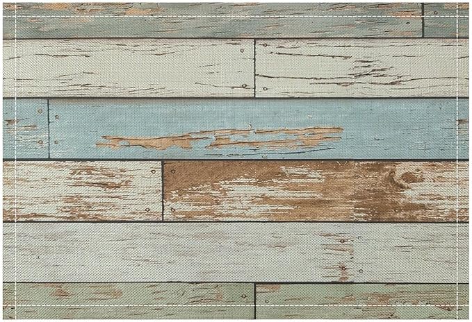 Rustic Plank Placemat Set, Vintage Old Shabby Colorful Beige Green Blue Farmhouse Barn Wooden Board Pattern Home Decor Linen Table Mats for Dining Room Kitchen Party (17x12in) x6P