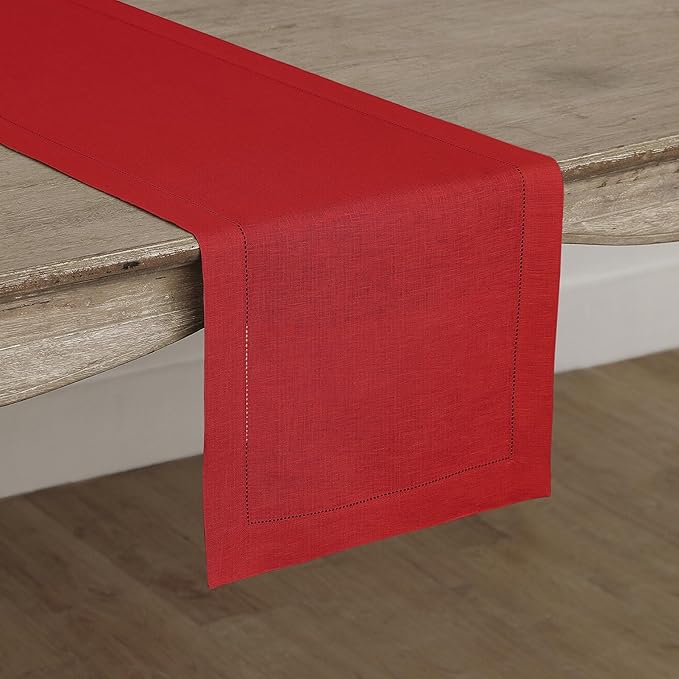 Solino Home Linen Red Table Runner 48 Inches - Classic Hemstitch, 100% Pure Linen Coffee Table Runner 14 x 48 Inch Ideal for Dresser Tables - Valentines, Winter