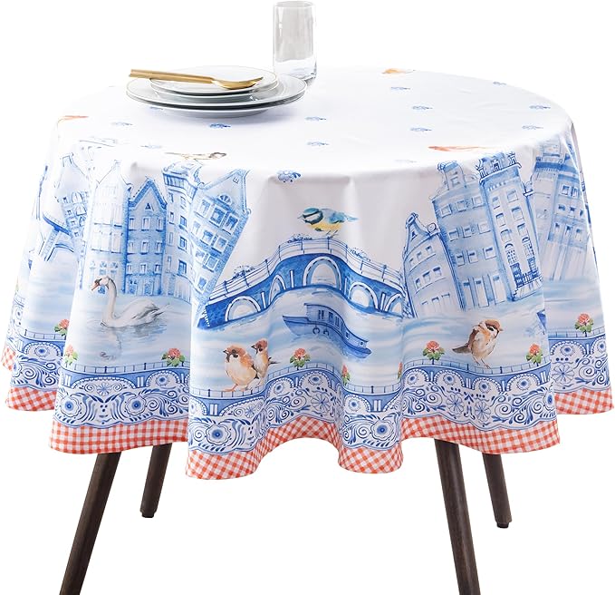 Maison d' Hermine Table Cloth Round Table 100% Cotton 63 Round Inches Tablecloth Reusable Decorative for Dining Room Farmhouse Home Valentines Day Decorations Spring Summer - Amsterdam Canals