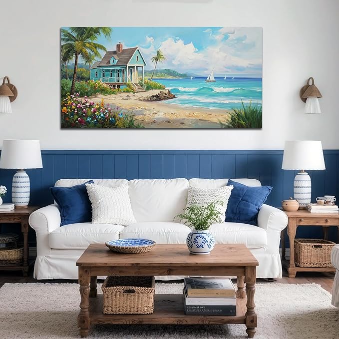 Anolyfi Tropical Large Canvas Wall Art for Living Room, Palm Tree Nature Coastal Seascape Painting Wall Decor Textured Artwork for Bedroom Hallway Kitchen Office Home Decor 58"x29"
