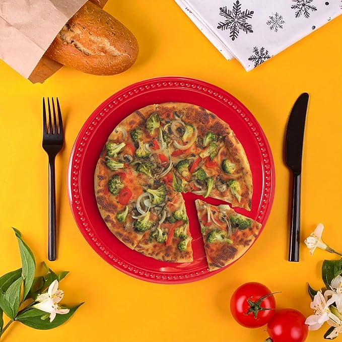 Melamine Beaded Dinner Plate Set of 6, 11inch, BPA Free, Platter, Serving Dishes, Chip & Break Resistant, Lightweight, Durable, Red Melamine Dishes Set for Valentine's Day, Weddings & Everyday Meals