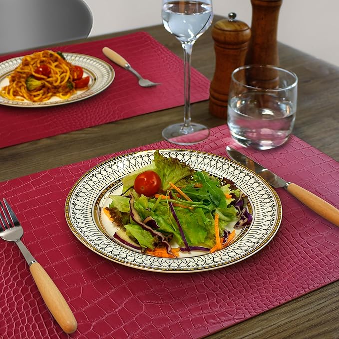 Jovono Faux Leather Placemats Set of 4, Waterproof Heat Resistant Dinner Place Mats for Dining Table, Non-Slip Crocodile Embossed, Red (17.8x11.8 Inch)
