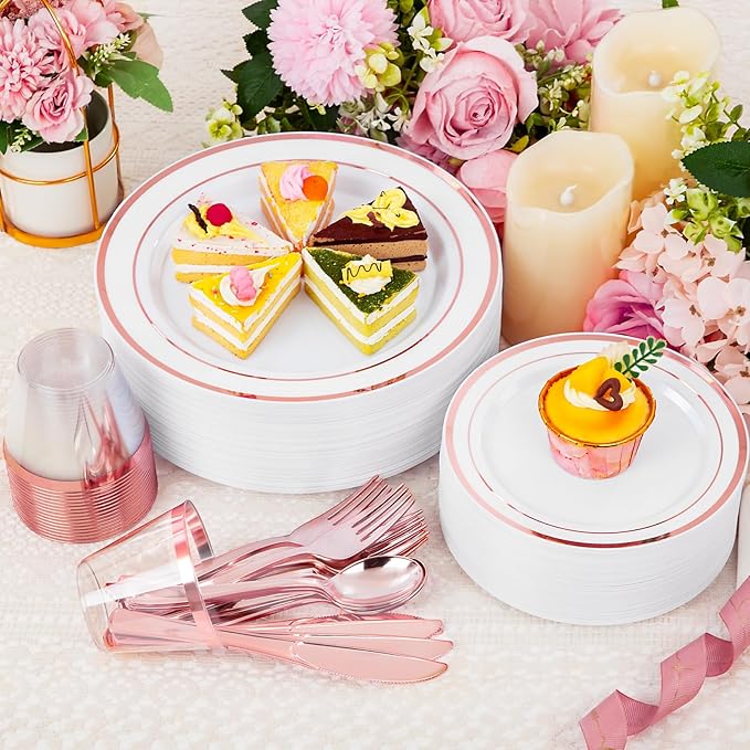 WELLIFE 150 PCS Rose Gold Disposable Dinnerware Set for 25 Guests, Valentine's Day Plate, 25 Dinner & Salad Plates, Cups, Forks Knives Spoons for Wedding Reception and Mothers Day Plates
