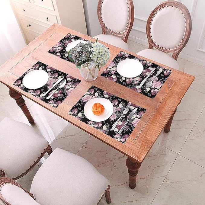 Vintage Floral Placemats Set of 6 Pink Rose Peony Flower Blossom Black Wipeable Table Mats Reusable Washable PVC Rectangle Place Mats for Kitchen Dining Home Decor 12x18 Inches