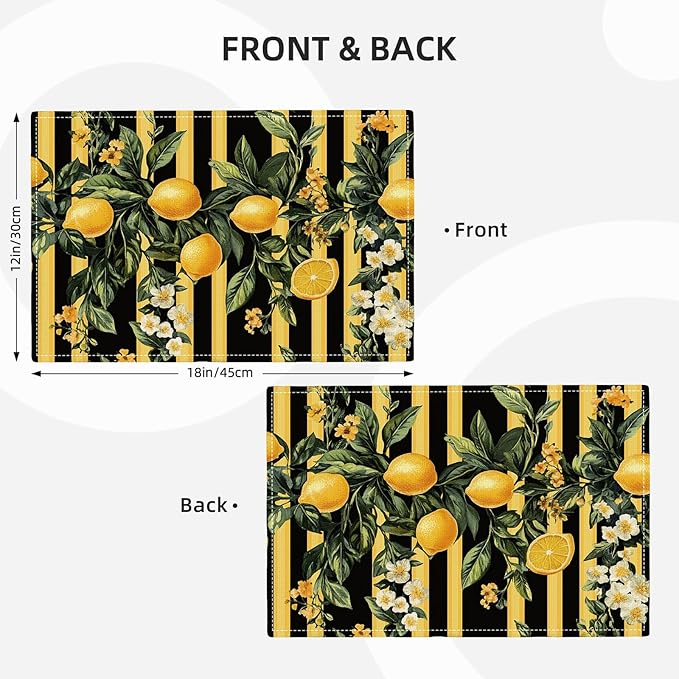 Lemon Placemats Set of 6, Yellow Lemon Place Mats, Fruit Waterproof Washable Table Mats for Home Party Indoor Kitchen Dining Table Decoration 12x18 Inch