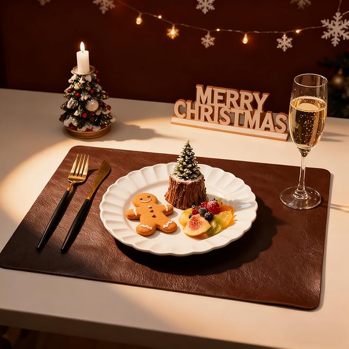 DOLOPL Placemats Set of 8 Reversible Dual-Color Table Placemats – Heat Resistant Wipeable & Brown Placemats, Luxury Faux Leather Table Mats for Vintage Dining Table Decor（Dark Brown & Black）