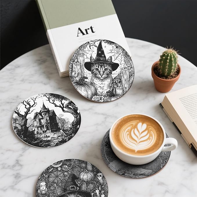 Halloween Cat Coasters Leather Round Drink Coasters 6 Pcs Set with Holderor for Cup Drink Coffee Table Bar Home Decor