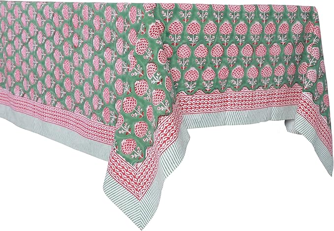ATOSII Roma Green 100% Cotton Rectangle Spring Summer Tablecloth, Handblock Floral Table Cloth Linen for Kitchen Dining I Parties Wedding Outdoors Easter Picnics Holidays I 72 X 140 Inches I 12 Seater