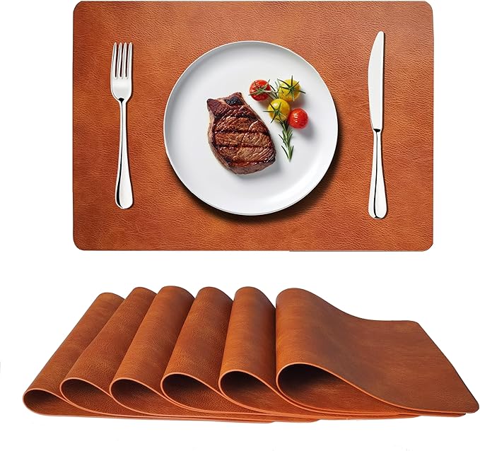 Cowhide Pattern PU Leather Placemats Set of 6 Heat Resistant Kitchen Table Mats, Non-Slip Dining Table Decorations, Double-Sides Waterproof Wipeable Place mats(Brown)
