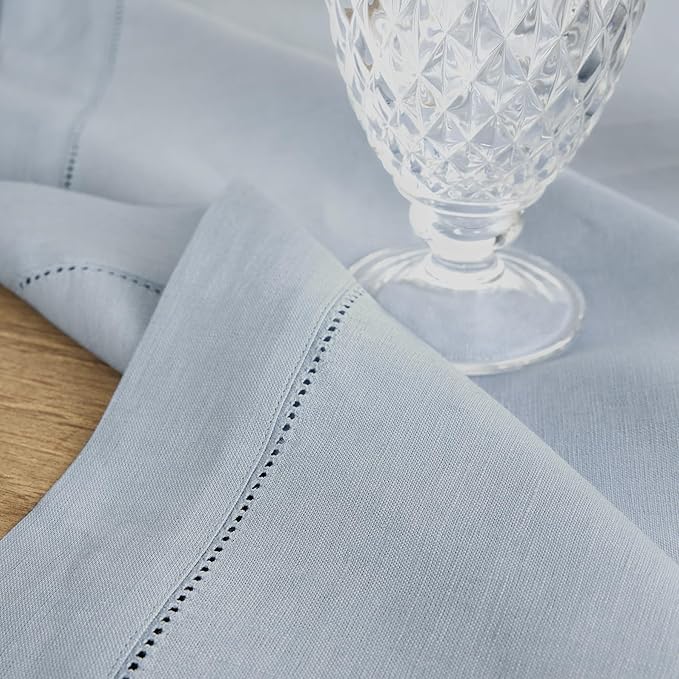 Solino Home Linen Tablecloth 52 x 52 Inch - 100% Pure Linen Dusty Blue Square Tablecloth - Classic Hemstitch, Machine Washable Table Throw for Winter, Spring, Easter