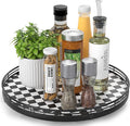 Black and White Kitchen Lazy Susan Turntable – Checkered Round Decorative Tray, 13” Table Top Oak Wood Lazy Susan for Cookies, Dining Table Organizer, Small Kitchen Table Centerpiece