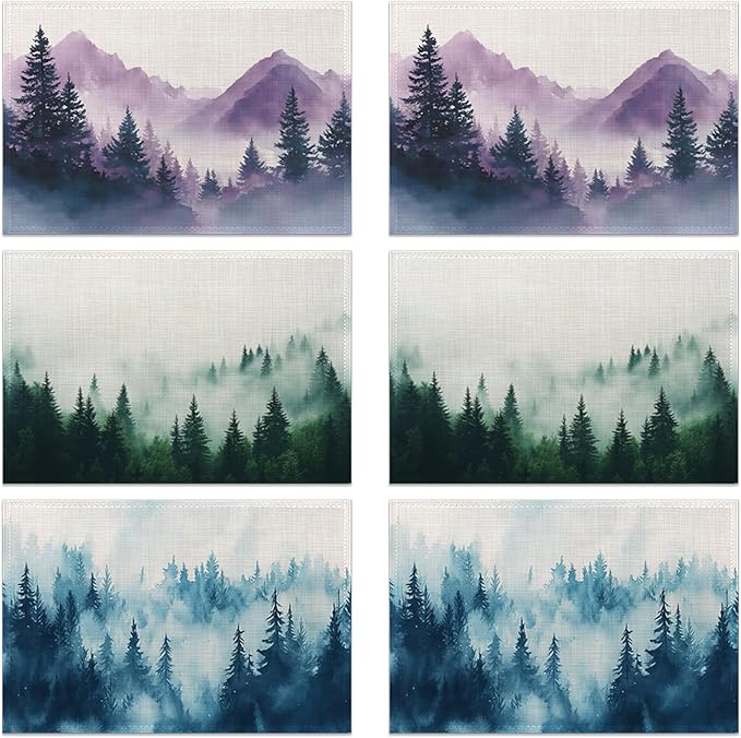 Misty Forest Placemats Set of 6, Rustic Mountain Linen Washable for Christmas, Thanksgiving, Party, and Daily Dining, Decorative Table Mats for 4-6 Person Table