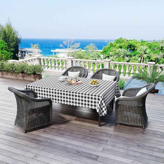 misaya 2 Pack Waterproof Vinyl Table Cloth, Buffalo Flannel Backed Tablecloth, Wipeable Plastic Table Cover for Dinner, Kitchen, Outdoor (60" x 84", Black and White)