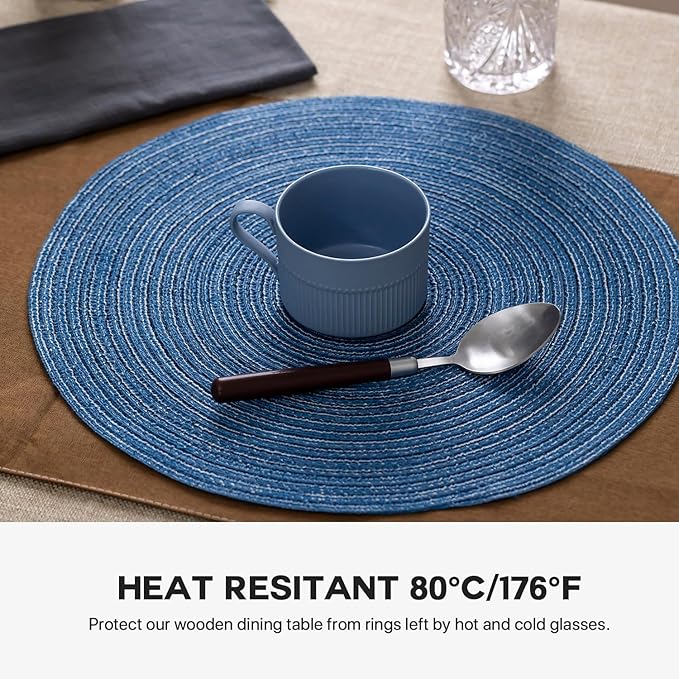Round Placemats Set of 8 Woven Placemats Washable Braided Table Mats for Dining Table Heat Resistant Non-Slip Circle Place Mats(Mid Blue)