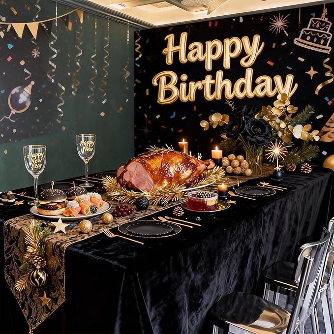 I00000 150Pcs Black Plastic Plates, Black Disposable Plates, Heavy Duty black plates for 30 Guests,Plastic Dinnerware Set Include 30 Dinner Plate,30 Dessert Plate,90 Gold Cutlery Set for Party