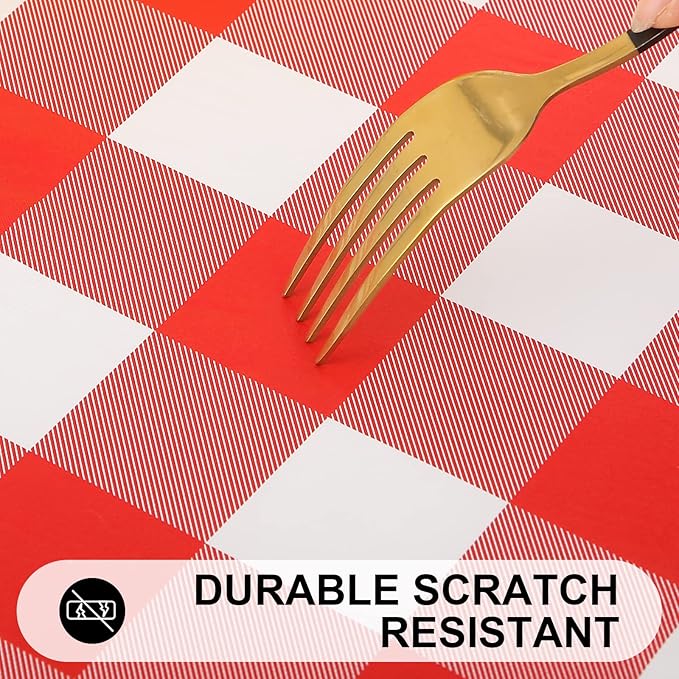 Smiry Rectangle Picnic Table Cloth, Elastic Waterproof Fitted Vinyl Tablecloths, Flannel Backed Buffalo Plaid Table Covers for Dining, Camping, Outdoor (White and Red, 30" x 48")