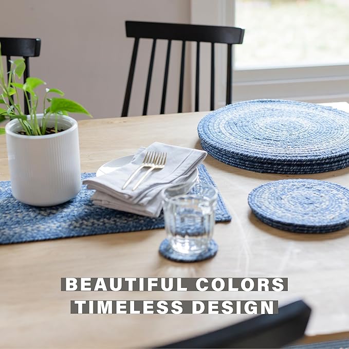 Homespice Denim Jute Braided Long Table Runner, Country Coastal Decor, Blue Rectangle 11x36 - Rich Colors, Easy to Clean, Durable and Protects Furniture