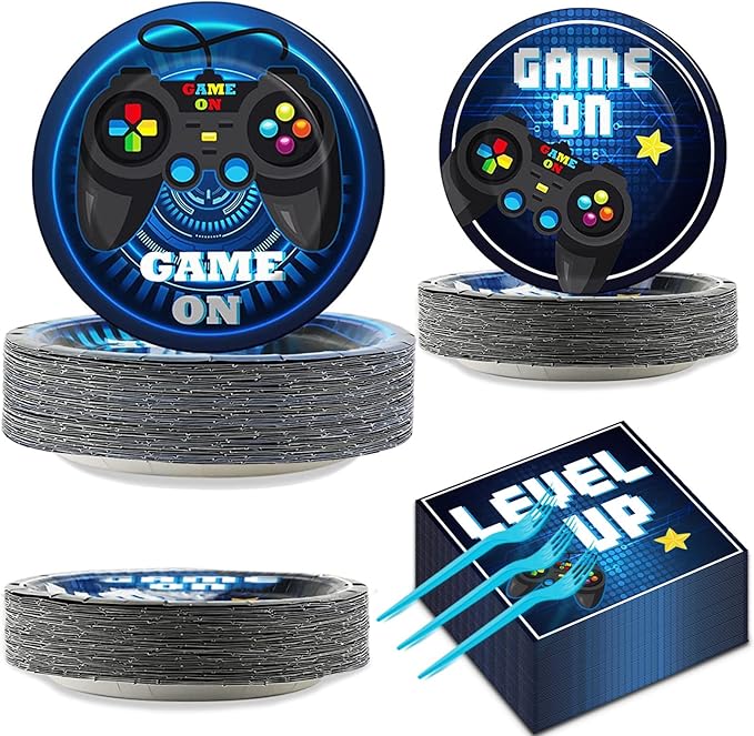 gisgfim 200 Pcs Video Game Party Favors Supplies Paper Plates and Napkins Gaming Birthday Party Decorations for Kids Gaming Serves 50