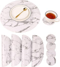 Marble Round Placemats and Coasters, Faux Leather Waterproof Table Mats, Easy to Wipe Off for Kitchen Dining Round Table