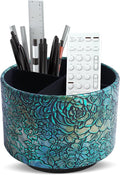 Round Leather Art Supply Organizer,Remote Control Holder,360 Degree Spinning,Multi-Functional Pencil Holder,4 Compartments Desktop Stationary Organizer(1-Rich Flower Green)