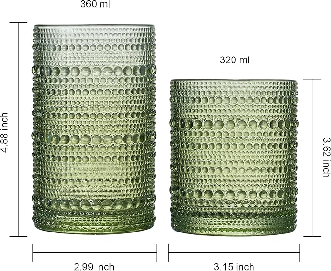 Khen Hobnail Beaded Highball Drinking Tumbler Glasses | Set of 12 | Color, Vintage Bubble Design Whiskey Glassware, Old-Fashioned, Embossed Design for Water Wine, Cocktail Embossed Heavy Glass (Green)