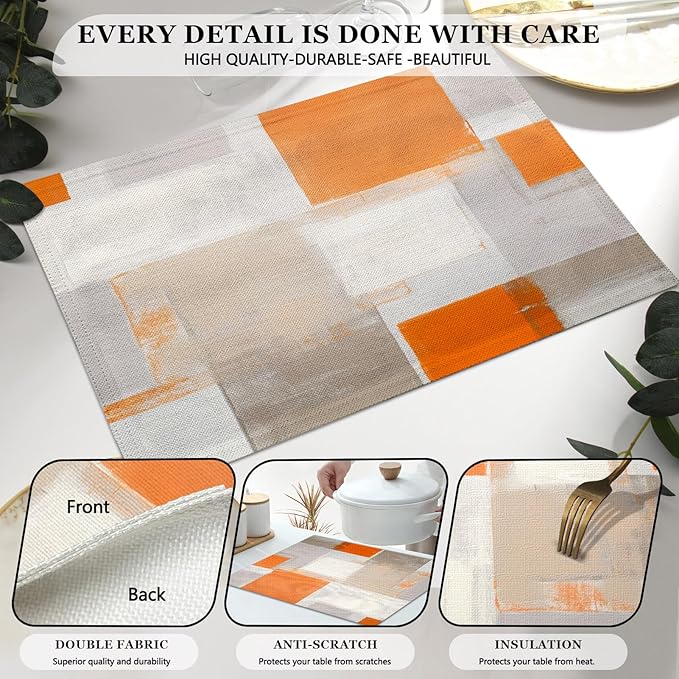 Mcalk Orange Table Runner and Placemats Set of 6, Abstract Brown Placemats, Modern Cloth Place Mats Indoor for Kitchen,Washable Linen Material for Dining Table