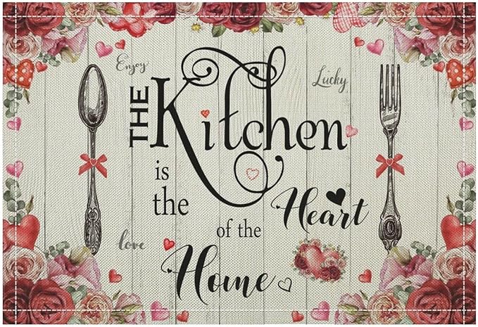 Retro Farmhouse Placemat Set, Romantic Pink Rose Floral Rural Plank Art Sketch Cutlery Knife Fork Inspirational Quotes Pattern Home Decor Linen Table Mats for Dining Room Kitchen Party (17x12in) x4P