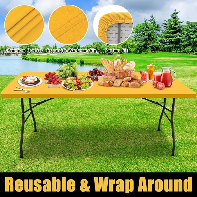 Smiry Rectangle Picnic Table Cloth, Waterproof Elastic Fitted Tablecloths for 8 Foot Tables, Washable Polyester Table Cover for Camping, Indoor and Outdoor (Mustard Yellow, 30"x96")