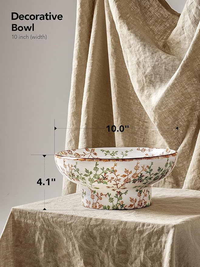 LE TAUCI 10" Ceramic Decorative Bowl, Key Bowl for Entryway, Handcrafted Sturdy Pedestal Bowl, French Country Fruit Bowl for Kitchen Counter, Centerpiece, Vine Green