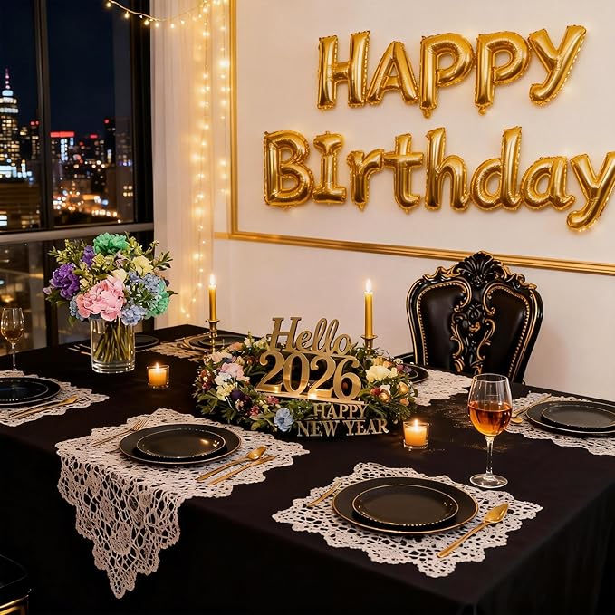 I00000 150Pcs Black Plastic Plates, Black Disposable Plates, Heavy Duty black plates for 30 Guests,Plastic Dinnerware Set Include 30 Dinner Plate,30 Dessert Plate,90 Gold Cutlery Set for Party