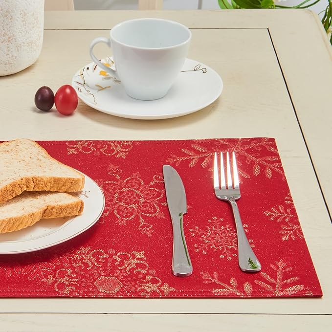 Cloth Place Mats Set of 8–Reusable Rectangular Waterproof Fabric Polyester Washable Wipeable Heat Resistant Jacquard Sparkling Metallic Snowflake for Kitchen Table(Red Gold/13x19 Inch)