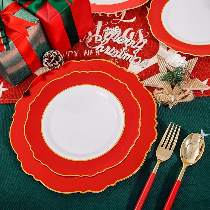 WDF 30Guest Red Plastic Plates - Gold Plastic Silverware With Red Handle - Red Plates Disposable- Baroque Plastic Dinnerware for Party Valentine's Day