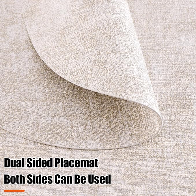 Homaxy Round Faux Leather Placemats and Coasters, Washable Dual-Side Table Mats, Wipeable Heat-Resistant Dining Place Mats for Outdoor and Indoor, Set of 6, Diameter 13 and 3.93 inch, Beige