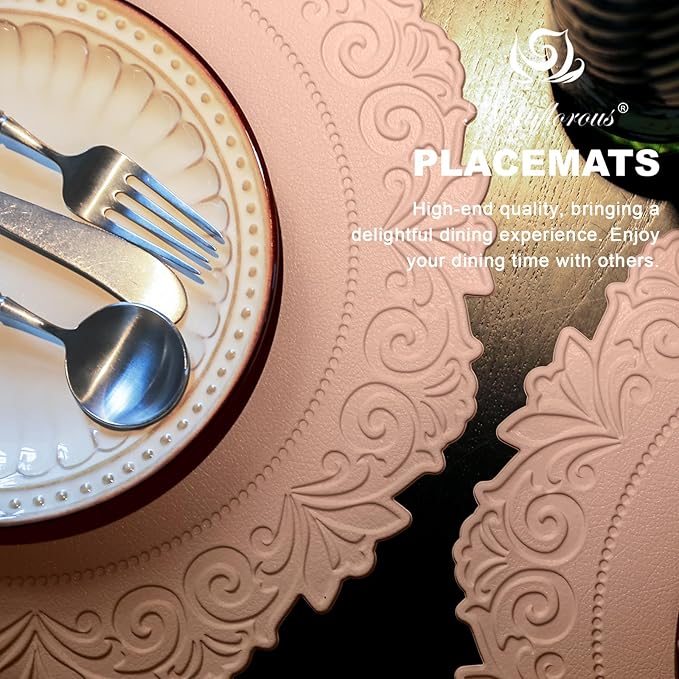 Noctiflorous Round Faux Leather 15 Inch Placemats Set of 6 Waterproof Wipeable Heat Resistant Tablemat for Dining Table Kitchen Non Slip Oilproof Table Place Mat for Indoor Outdoor(Pink, 6)