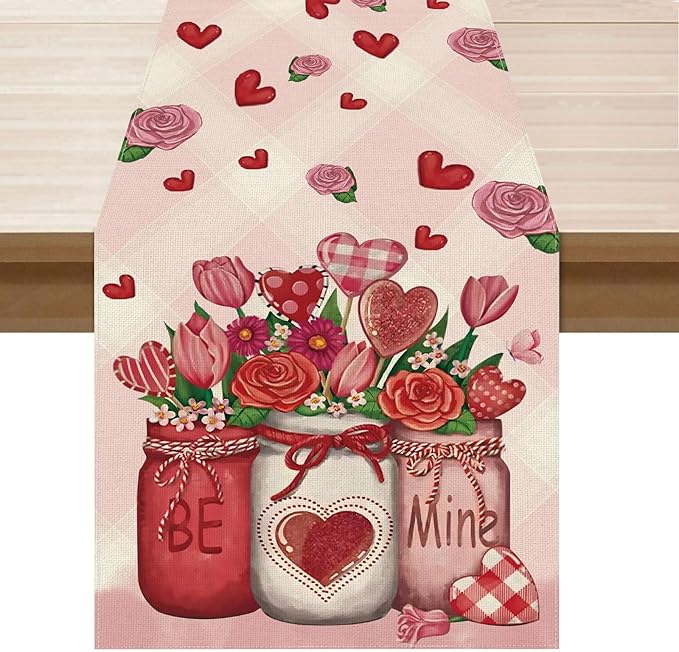 XCHI Roses Flowers Love Hearts Vase Valentine’s Day Table Runner Table Decoration for Party Home Kitchen Dining Dinner Holiday Decor 13x48 Inch