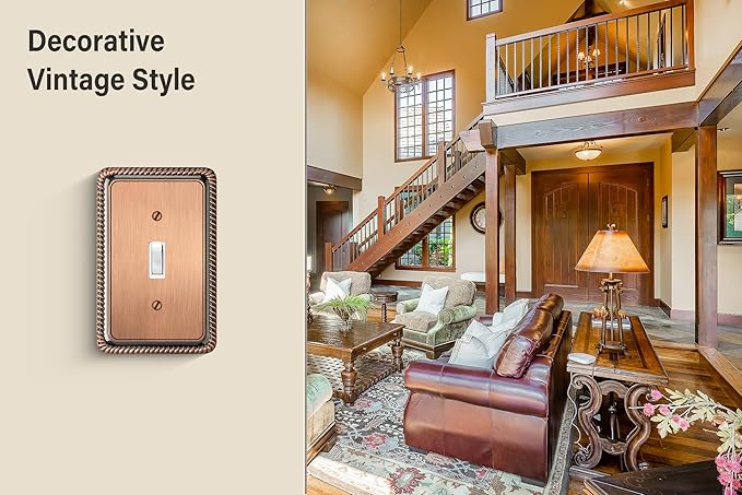 Henne Bery Rope Edge Decorative Wall Plate Switch Plate Outlet Cover (Single Toggle, 3 Pack, Antique Copper)