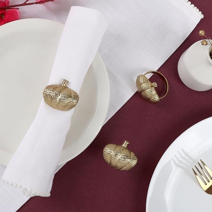 CLEENTABLE Napkin Rings Set of 12, Metal Napkin Holder Cuffs for Dinner Table Décor, Thanksgiving Pumpkin Farmhouse Modern Serviette Rings for Christmas, Weddings, Receptions, (Antique Gold)