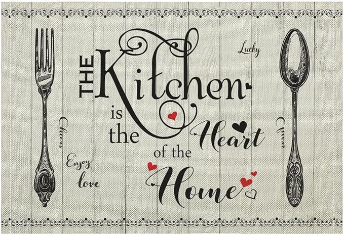 Retro Farmhouse Placemat Set, Minimal Black White Rustic Plank Art Sketch Cutlery Knife Fork Inspirational Quotes Pattern Home Decor Linen Table Mats for Dining Room Kitchen Party (17x12in) x4P